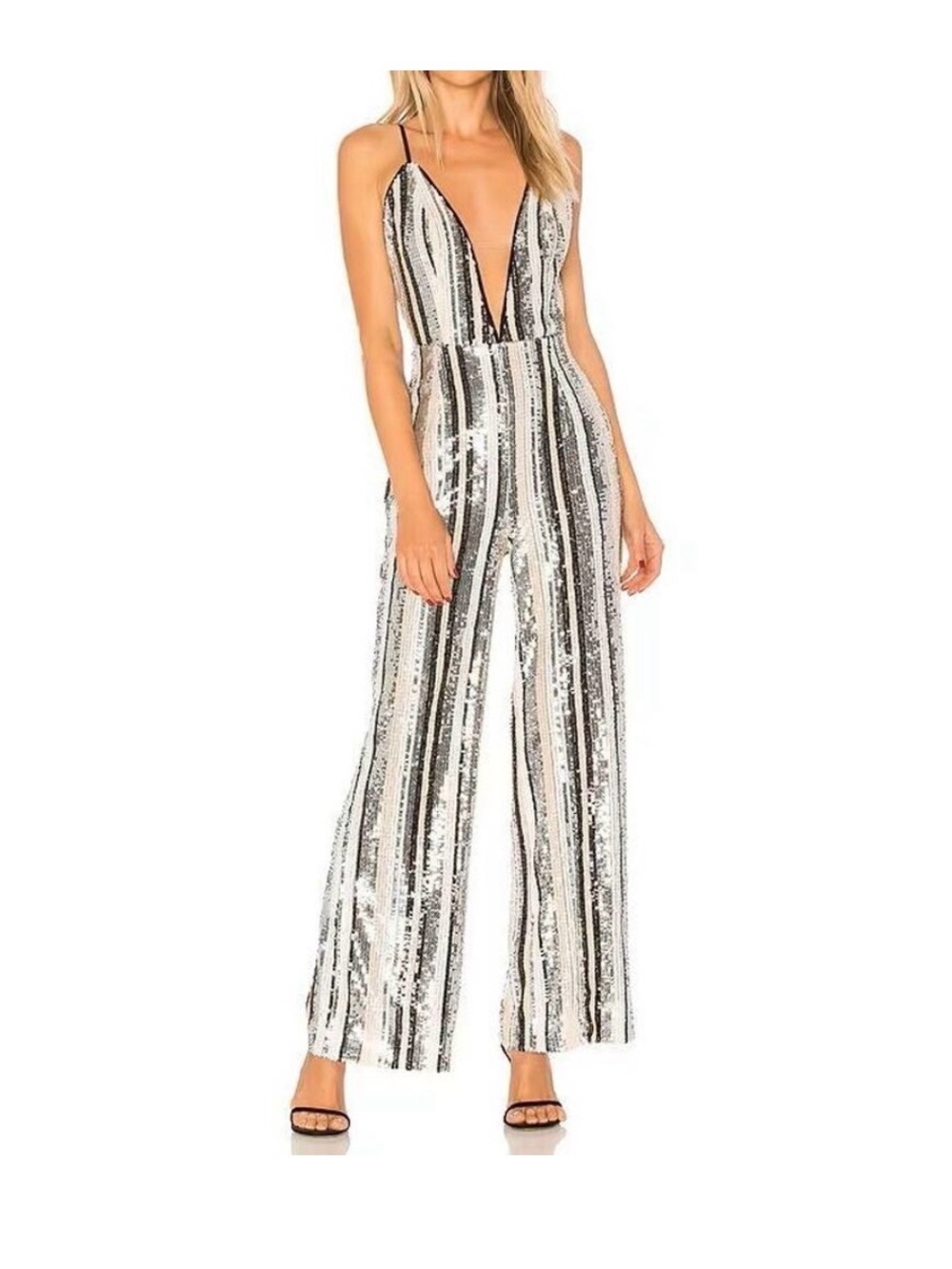 Revolve NBD Sequin Striped Plunge-Neck Jumpsuit - Silver/Black